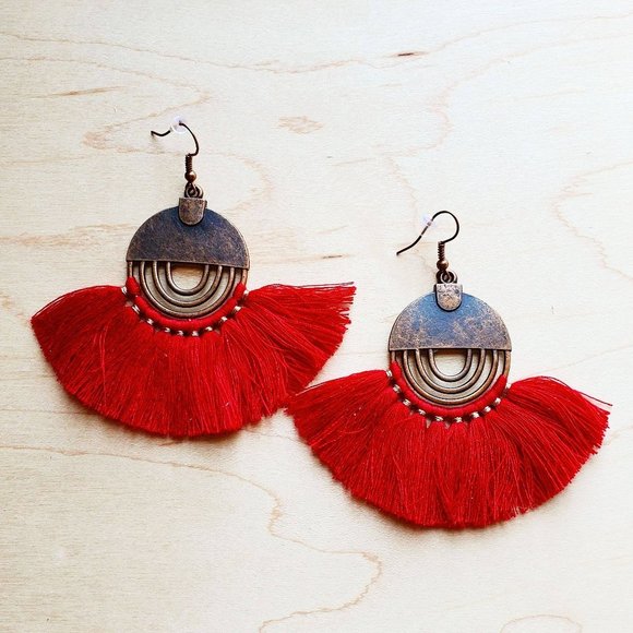 Red Fan Tassel Earrings - Picture 1 of 2